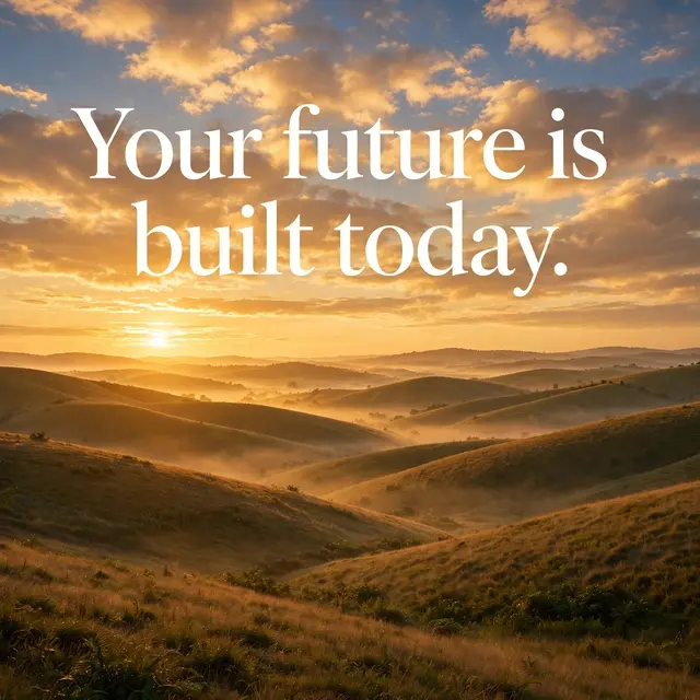 Golden sunrise over misty rolling hills displays the text "Your future is built today." in warm white serif type