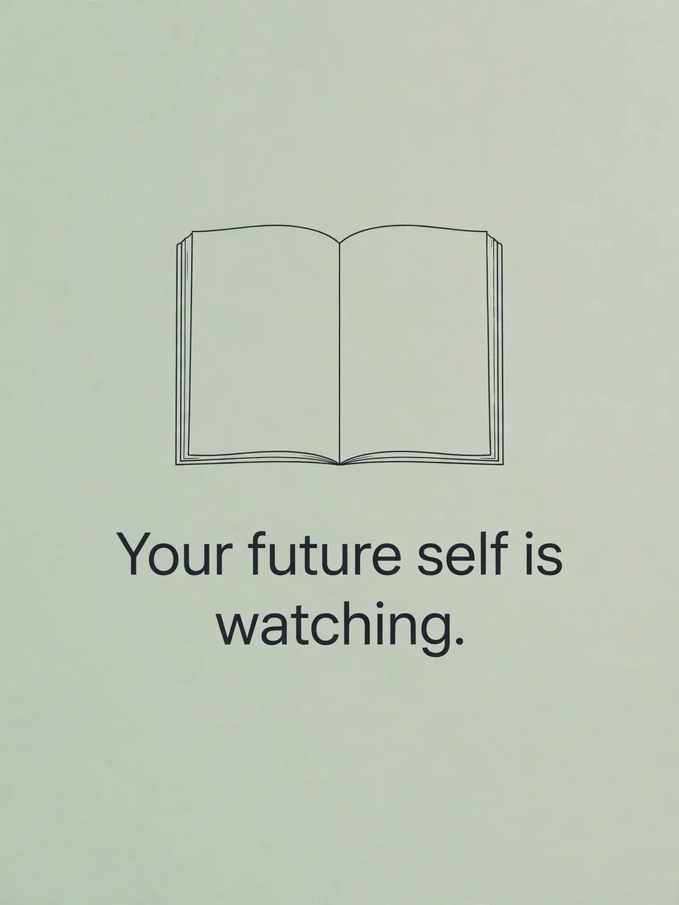 Minimalist study poster on soft sage background with a line drawing of an open notebook and the quote "Your future self is