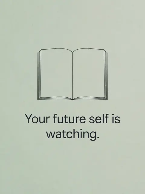 Minimalist study poster on soft sage background with a line drawing of an open notebook and the quote "Your future self is