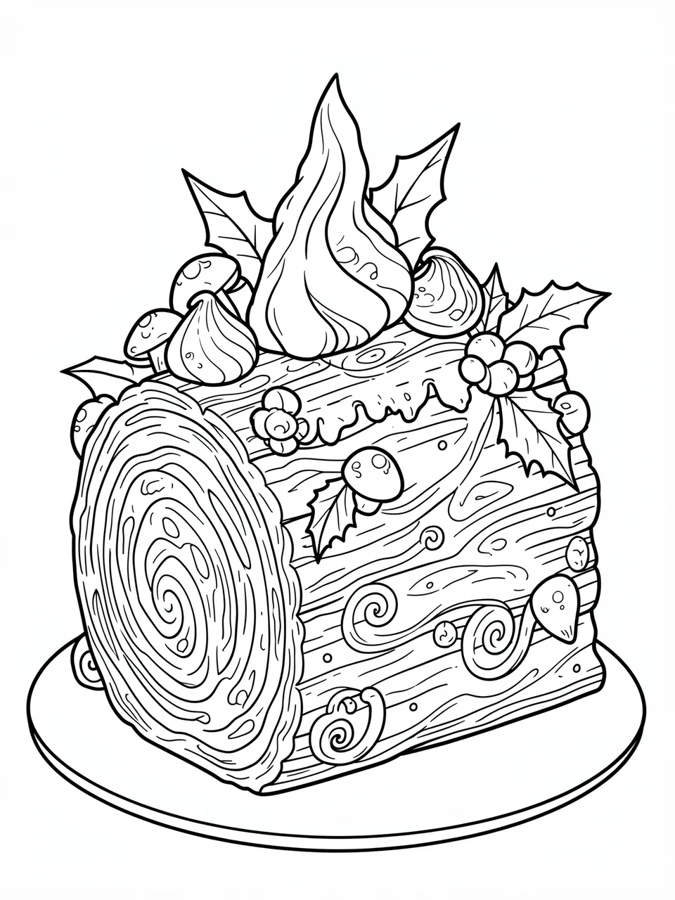 Black and white line art of an intricately decorated yule log cake resting on a plate