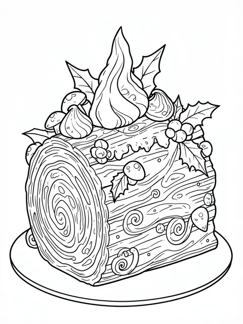 Black and white line art of an intricately decorated yule log cake resting on a plate