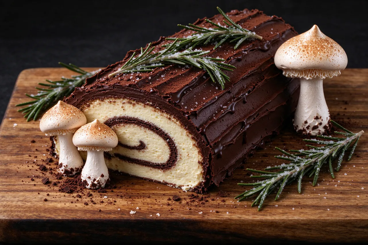 Chocolate yule log cake decorated with meringue mushrooms and sugared rosemary rests on a wooden cutting board.