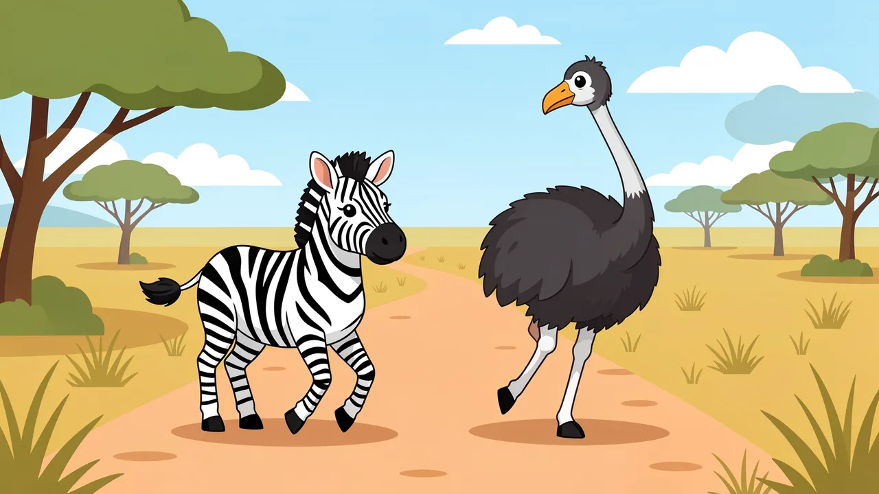 Cute cartoon zebra and ostrich walk side by side along a sunlit savanna dirt path
