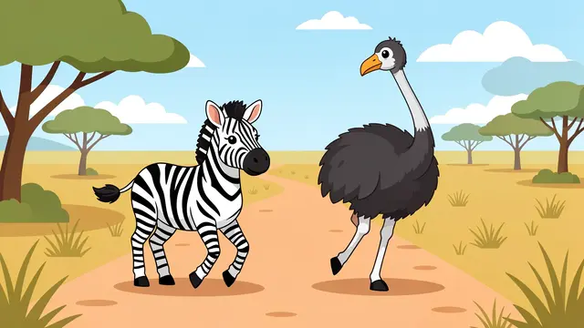 Cute cartoon zebra and ostrich walk side by side along a sunlit savanna dirt path