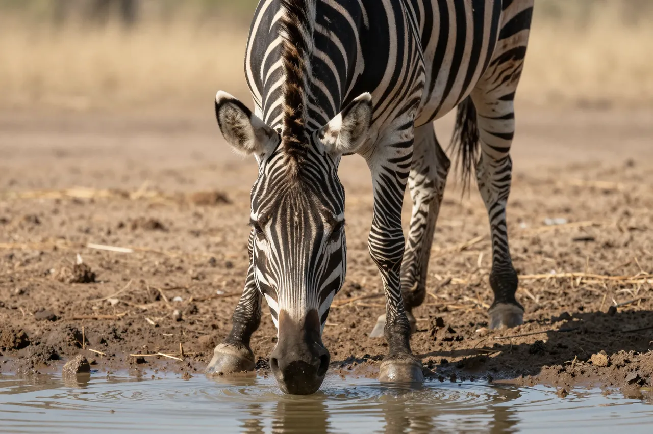 A zebra bends down to drink from a muddy waterhole in warm late afternoon light