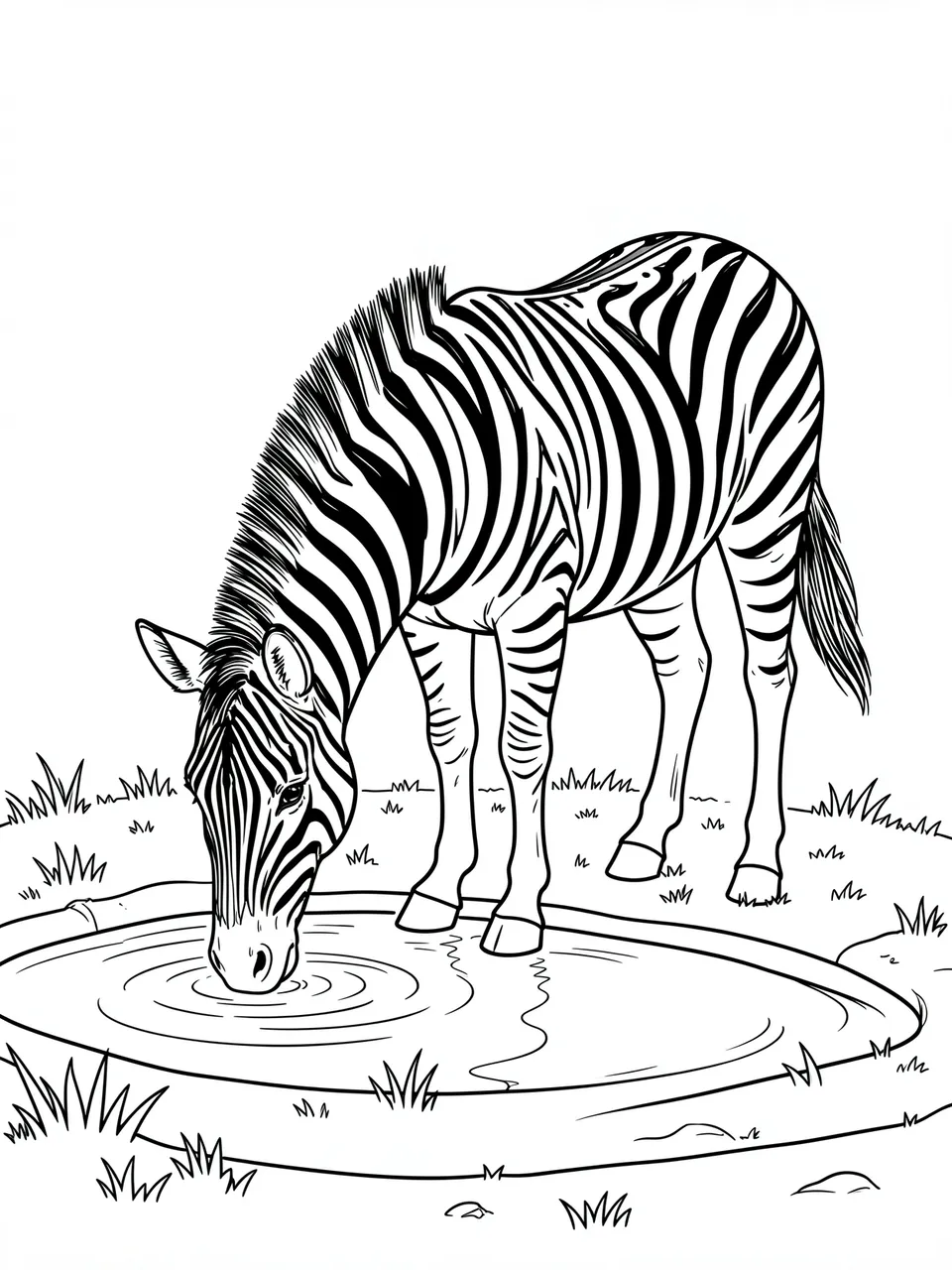 Black and white line art of a zebra bending down to drink from a small grass-fringed waterhole