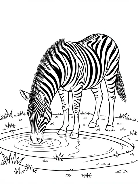 Black and white line art of a zebra bending down to drink from a small grass-fringed waterhole