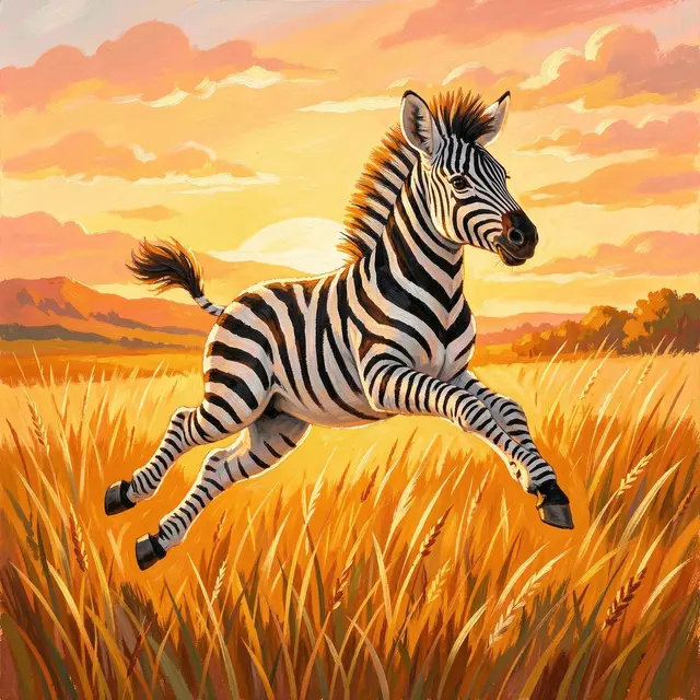 Gouache painting of a young zebra foal mid-leap across golden grassland at warm sunrise
