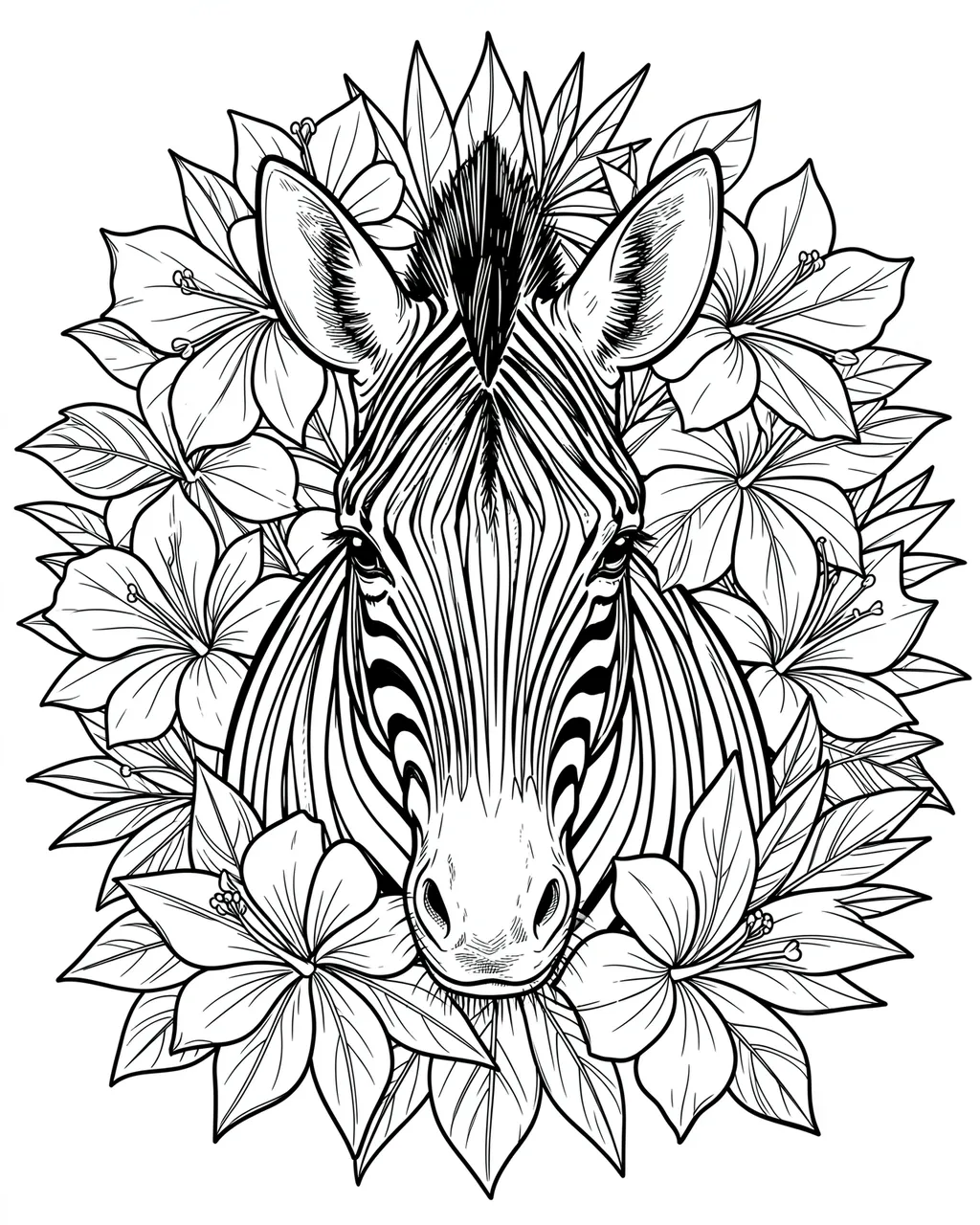 Black and white line art of a zebra head framed by detailed tropical flowers on a plain white background