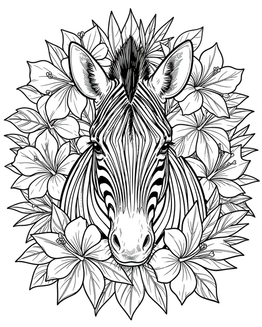Black and white line art of a zebra head framed by detailed tropical flowers on a plain white background