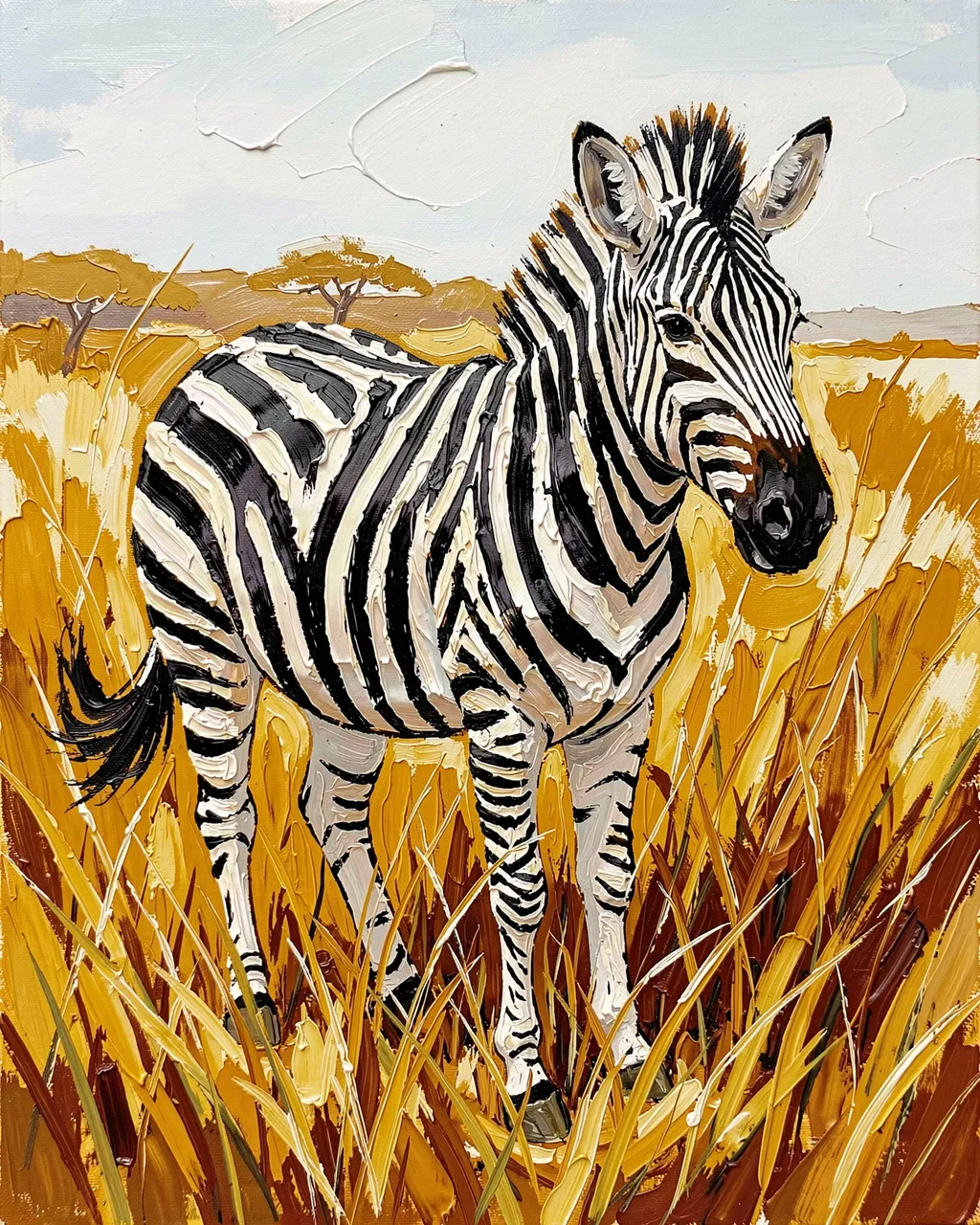 Palette knife oil painting of a standing zebra surrounded by tall golden savanna grass under a pale sky