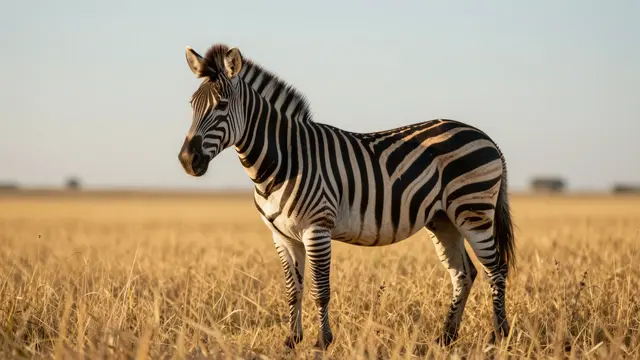 A zebra stands still in tall golden grass under a pale sunset sky on the savanna