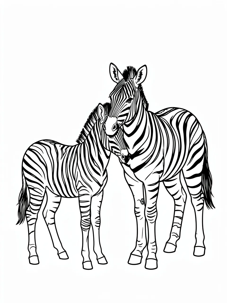 Bold black and white line art of a zebra foal standing next to its mother on a plain white background