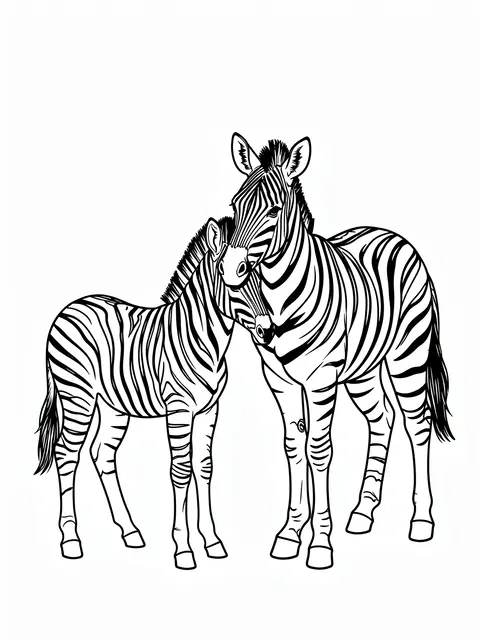 Bold black and white line art of a zebra foal standing next to its mother on a plain white background