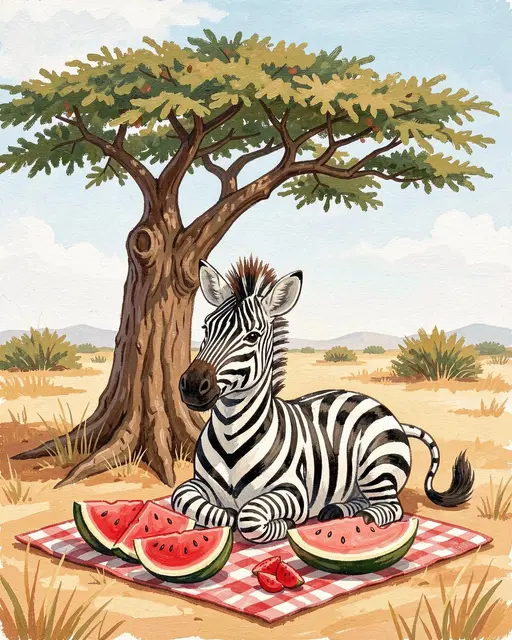 A cute gouache illustration of a zebra resting on a checkered picnic blanket with watermelon slices under an acacia tree on