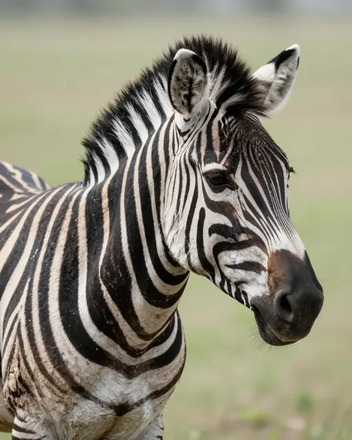 Close-up portrait of a zebra with a black upright mane standing against a blurred grassy plain