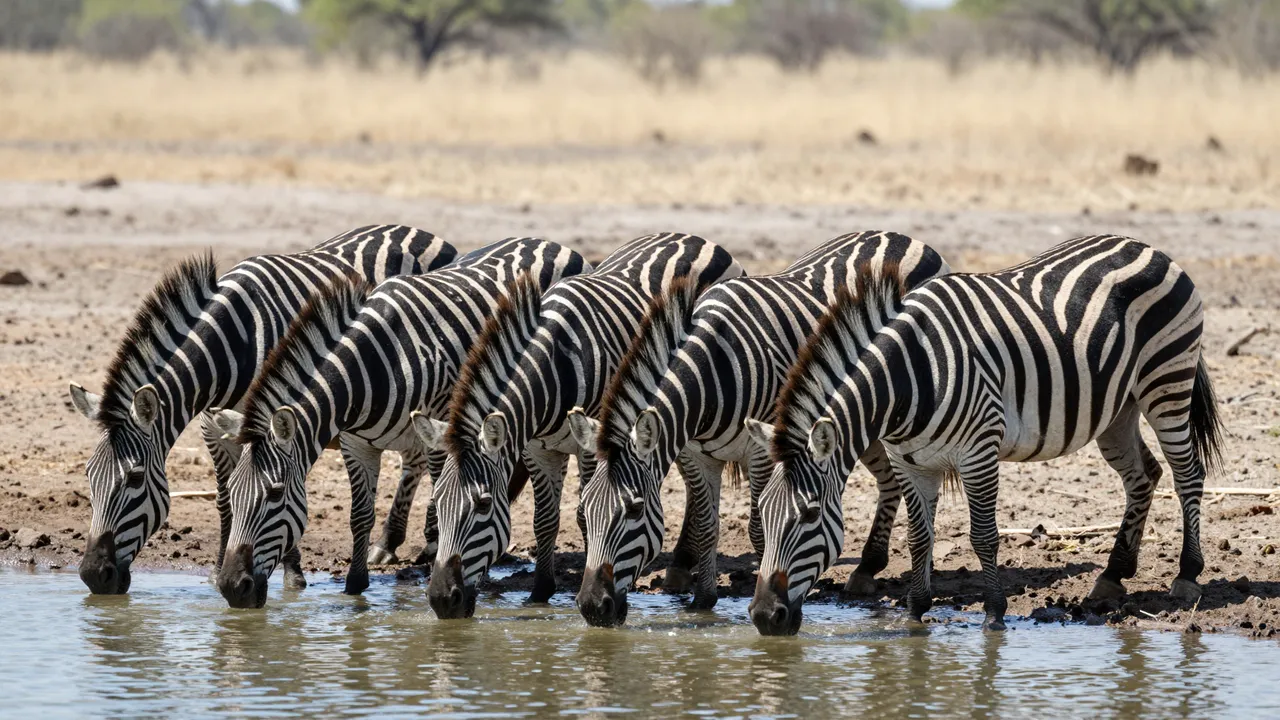 A row of striped zebras stand shoulder to shoulder drinking from a sunlit savanna watering hole