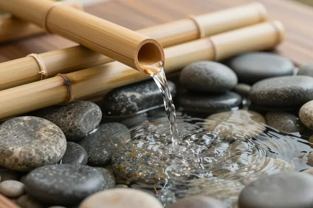 Trickling water flows from a bamboo spout over smooth polished river stones in a tabletop spa feature