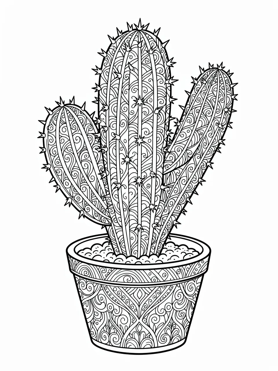 Intricate black and white line art zentangle cactus growing in a patterned decorative pot on a plain white background