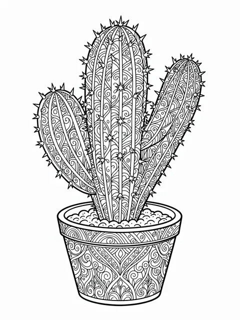 Intricate black and white line art zentangle cactus growing in a patterned decorative pot on a plain white background