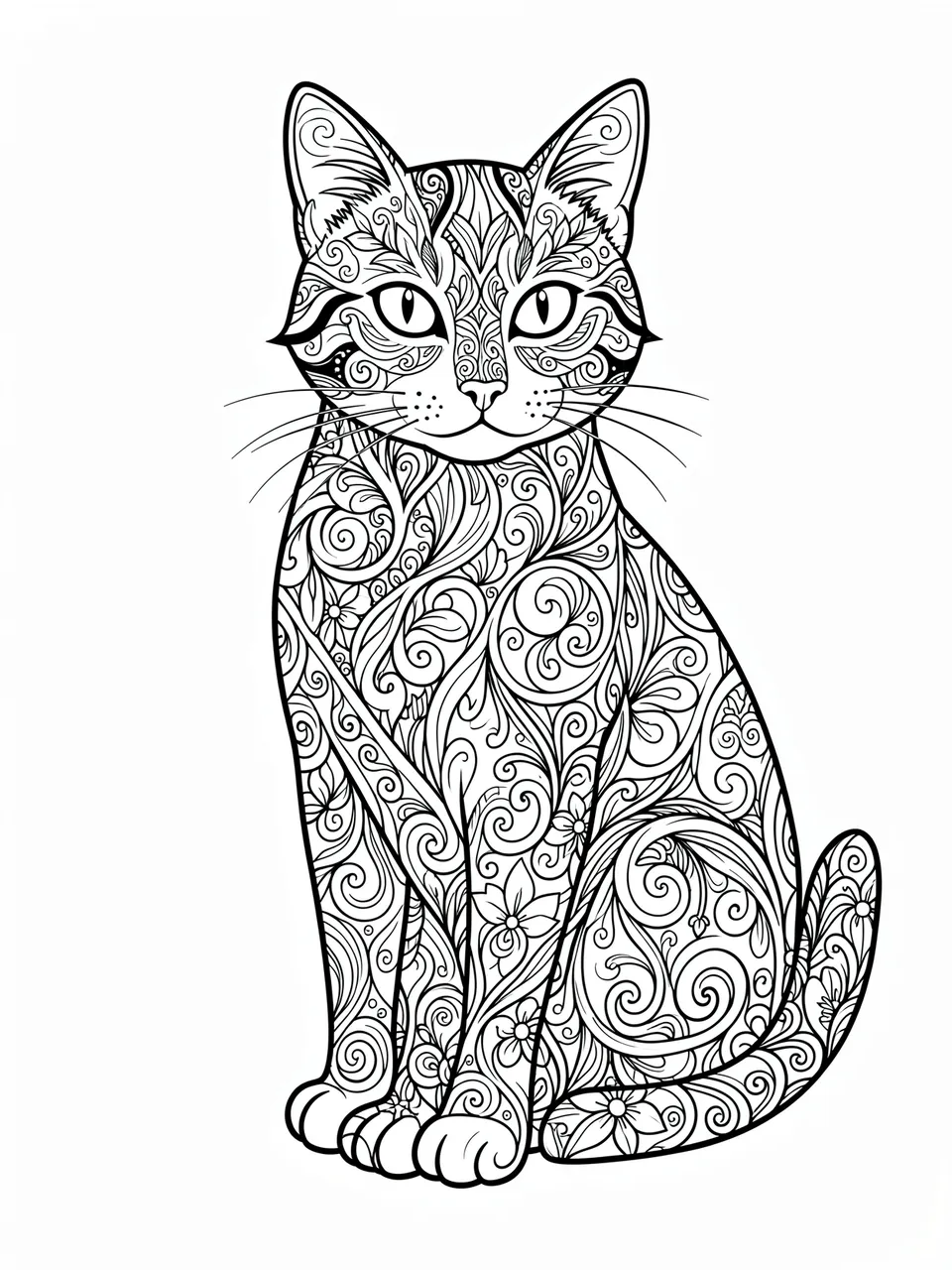 Black and white line art of a sitting cat covered in intricate swirling floral zentangle patterns