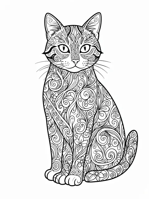 Black and white line art of a sitting cat covered in intricate swirling floral zentangle patterns
