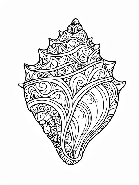 Intricate black and white zentangle line art of a conch shell on a plain white background