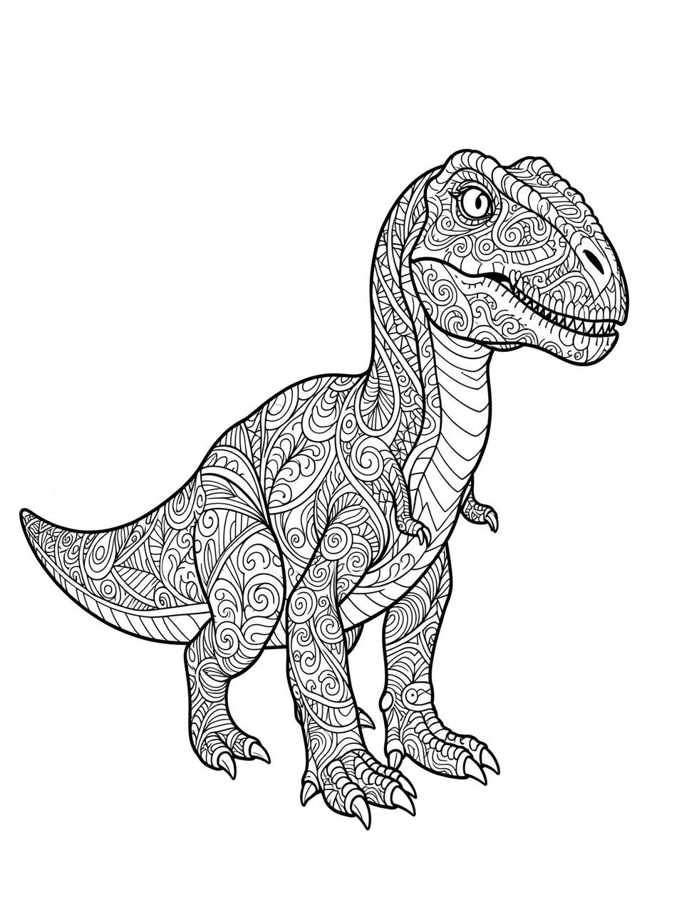 Black and white line art of a patterned zentangle dinosaur on a plain white background