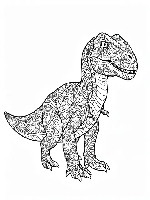 Black and white line art of a patterned zentangle dinosaur on a plain white background