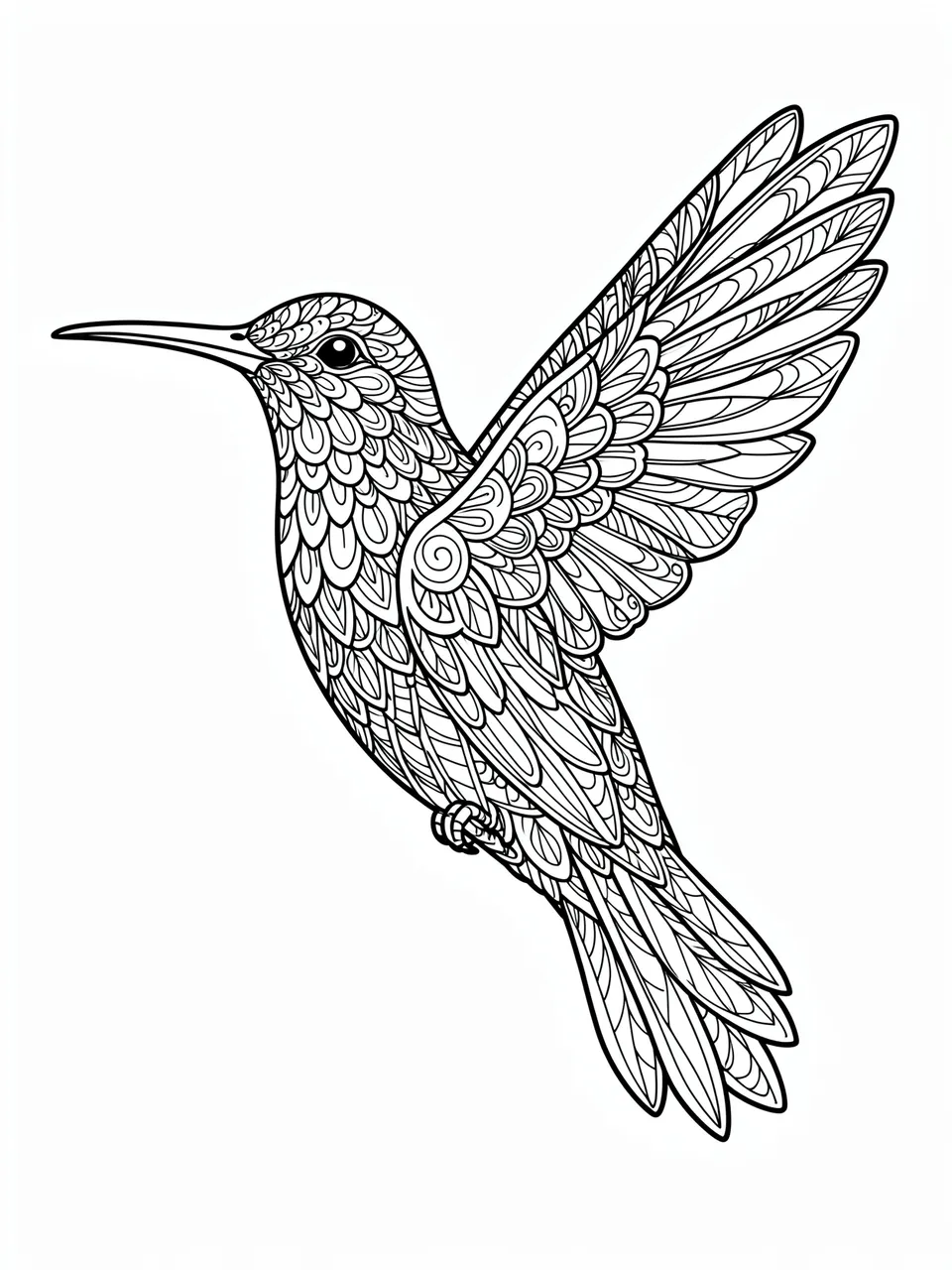 Intricate black and white zentangle line art of a hummingbird on a plain white background