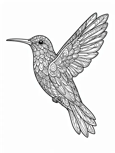 Intricate black and white zentangle line art of a hummingbird on a plain white background