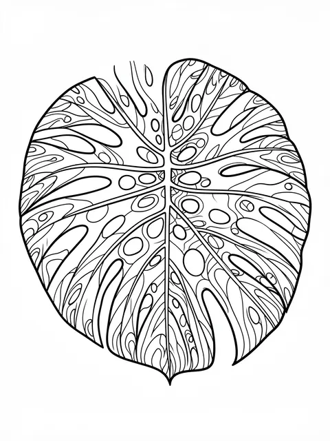 Intricate black and white zentangle line art of a monstera leaf on a plain white background