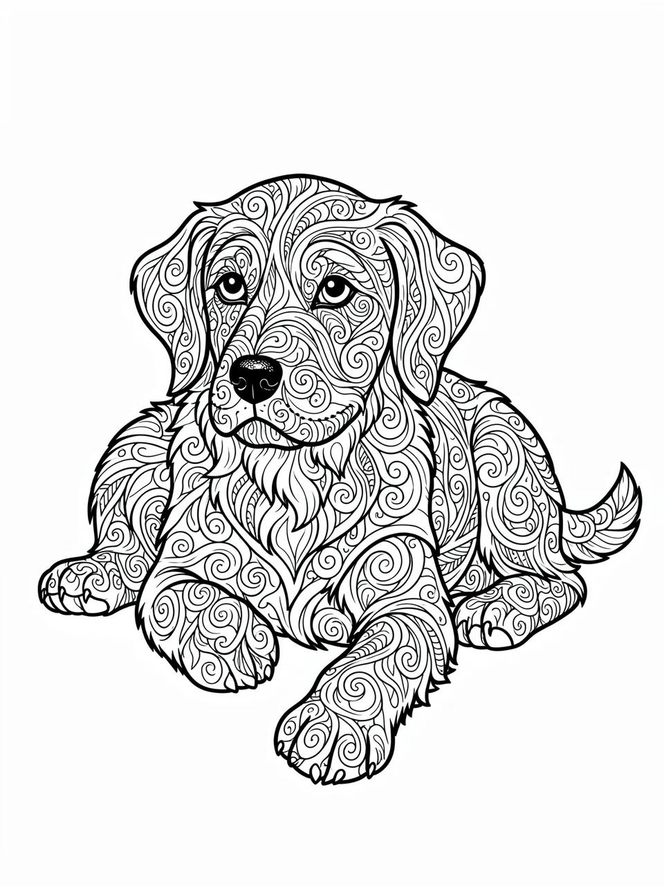 Black and white line art of a lying puppy covered in intricate zentangle swirl patterns on a plain white background