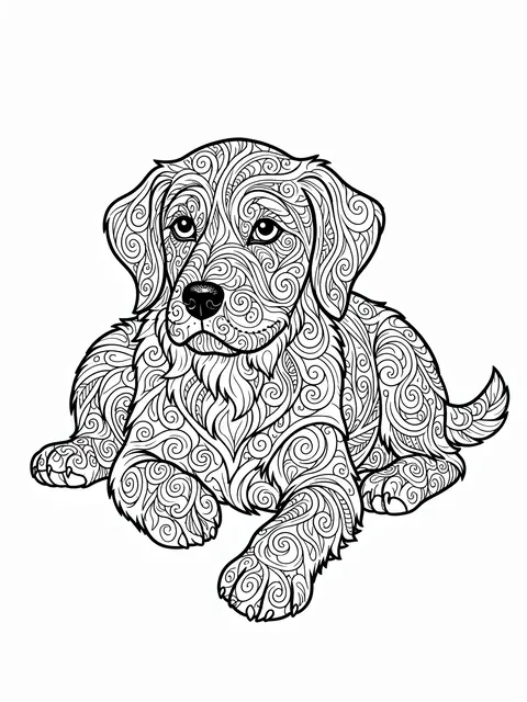 Black and white line art of a lying puppy covered in intricate zentangle swirl patterns on a plain white background