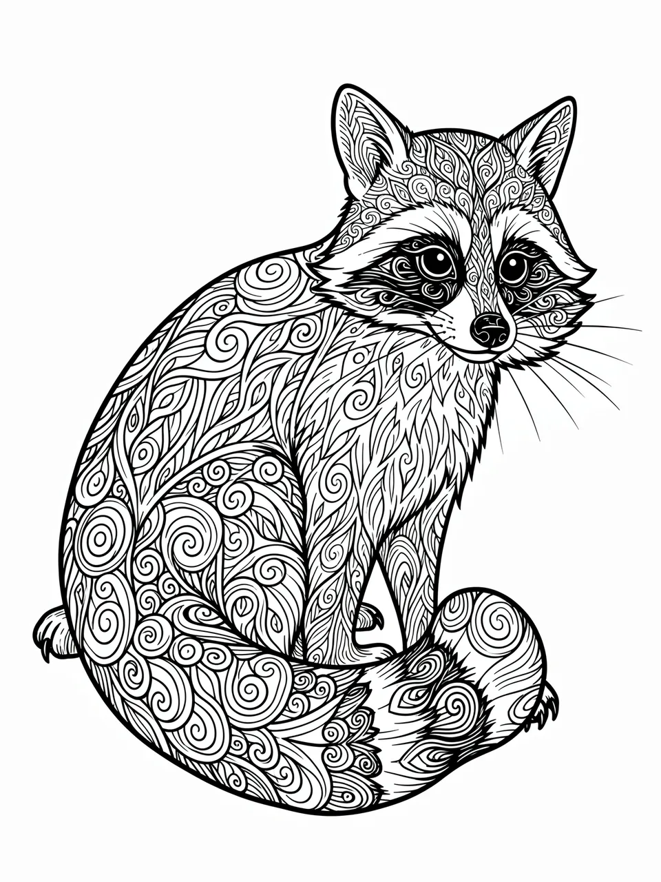 Intricate black and white zentangle line art of a sitting raccoon on a plain white background