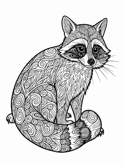 Intricate black and white zentangle line art of a sitting raccoon on a plain white background