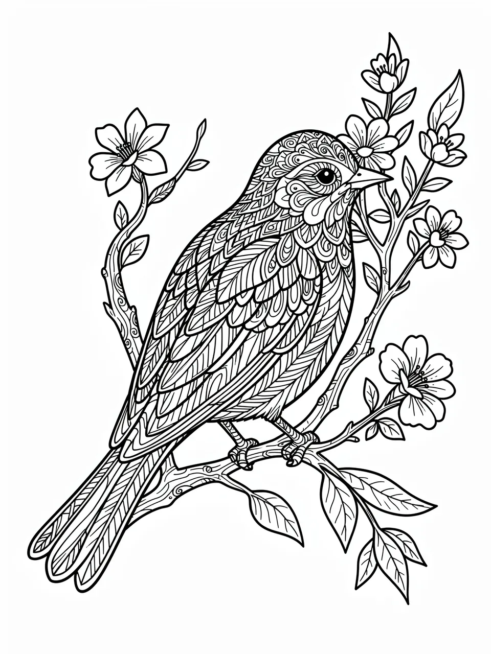 Intricate black and white zentangle line art of a songbird perched on a flowering branch against a plain white background