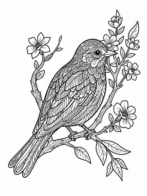 Intricate black and white zentangle line art of a songbird perched on a flowering branch against a plain white background