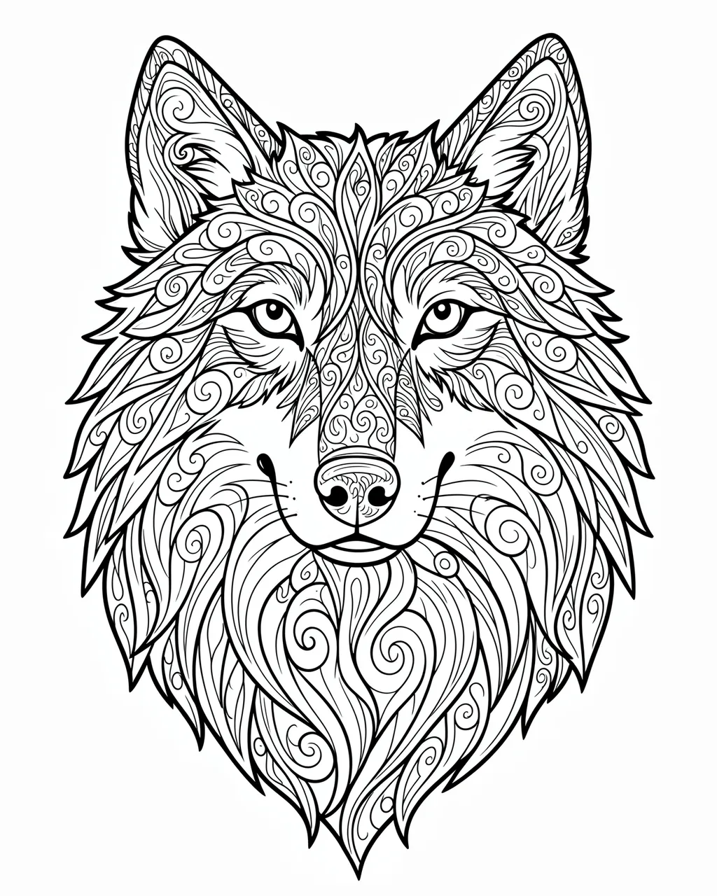 Intricate black and white zentangle line art portrait of a wolf head on a plain white background