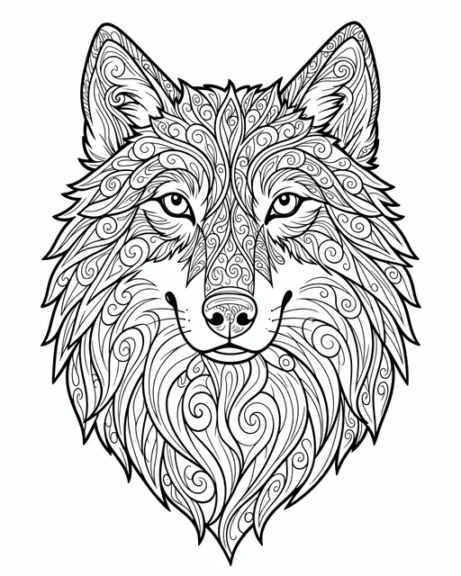 Intricate black and white zentangle line art portrait of a wolf head on a plain white background