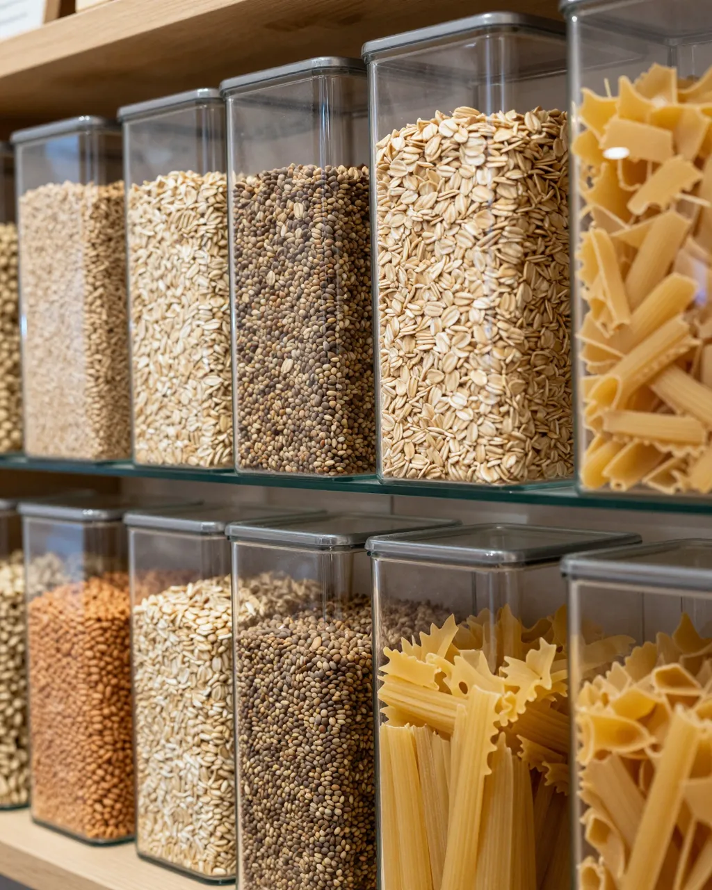 Stacked clear plastic dispensers of grains, oats and pasta sit on a refill shop shelf