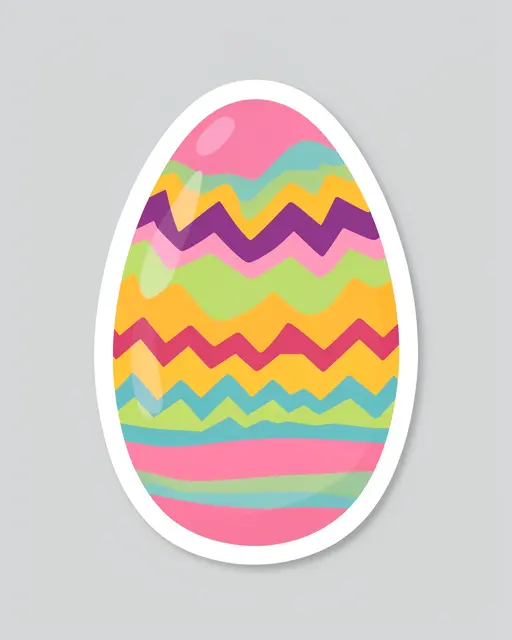 A die-cut sticker of a brightly patterned easter egg with zigzag bands sits on a plain light gray background
