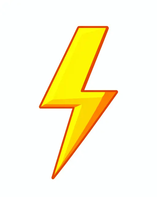 A flat cartoon lightning bolt in bright yellow with orange outline, isolated on a plain white background