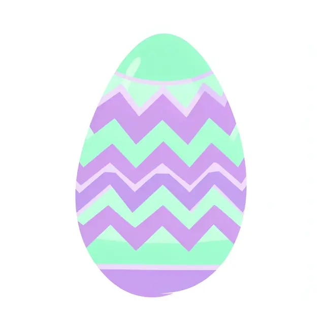 A flat clipart Easter egg with mint and lilac zigzag bands sits isolated on a plain white background
