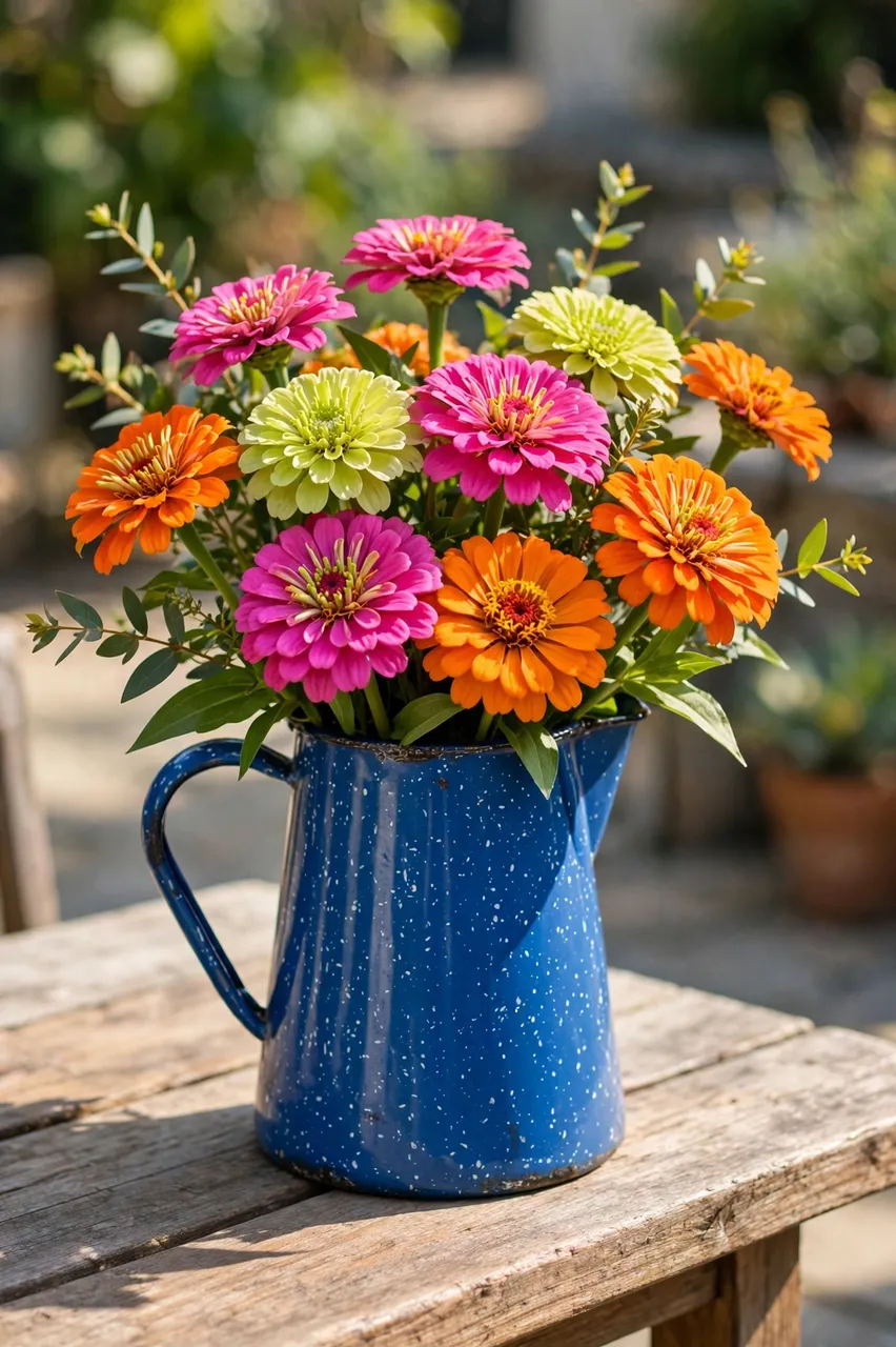 Bright pink, orange and lime green zinnias fill a speckled blue enamel pitcher on a sunny wooden patio table