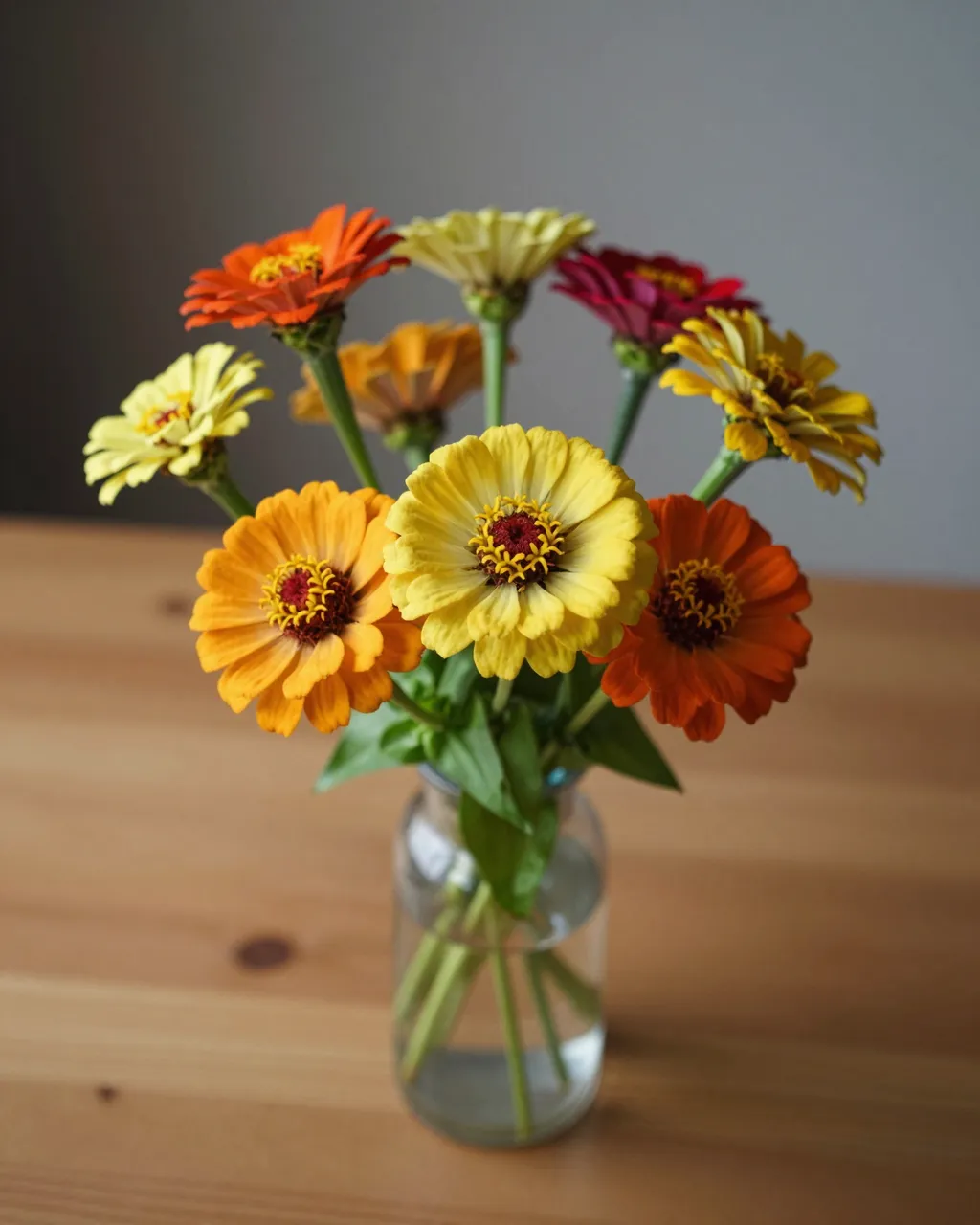 A colorful bouquet of zinnias sits in a small glass vase on a wooden table against a muted gray wall.
