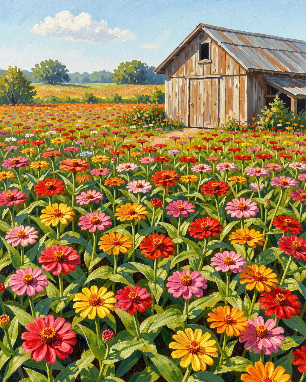 Brightly colored zinnia flower field stretches toward a weathered wooden shed under a sunny sky