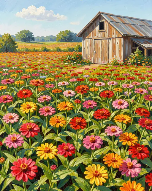 Brightly colored zinnia flower field stretches toward a weathered wooden shed under a sunny sky