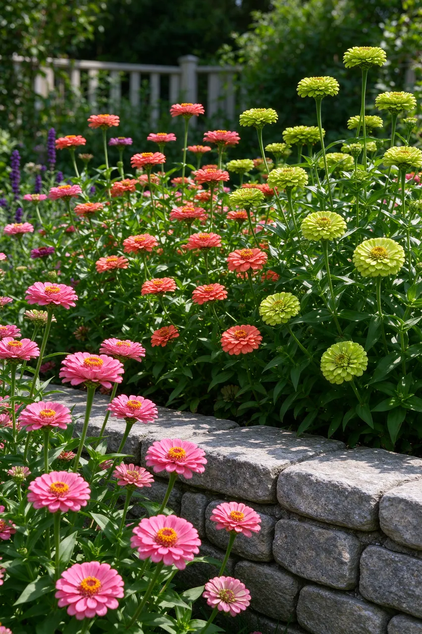 Pink, coral and chartreuse zinnias bloom densely beside a low stacked stone garden wall in bright summer sun