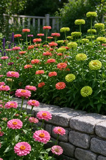 Pink, coral and chartreuse zinnias bloom densely beside a low stacked stone garden wall in bright summer sun